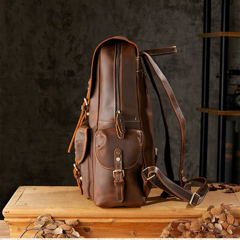 Vintage Crazy Horse Genuine Leather Backpack Men Bagpack Large Hiking Backpack 15.6"Inch Laptop Bag Male Rucksack Daypack
