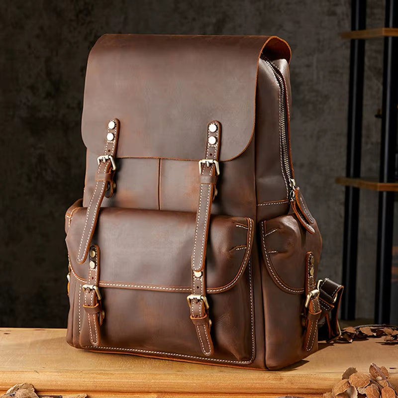 Vintage Crazy Horse Genuine Leather Backpack Men Bagpack Large Hiking Backpack 15.6"Inch Laptop Bag Male Rucksack Daypack