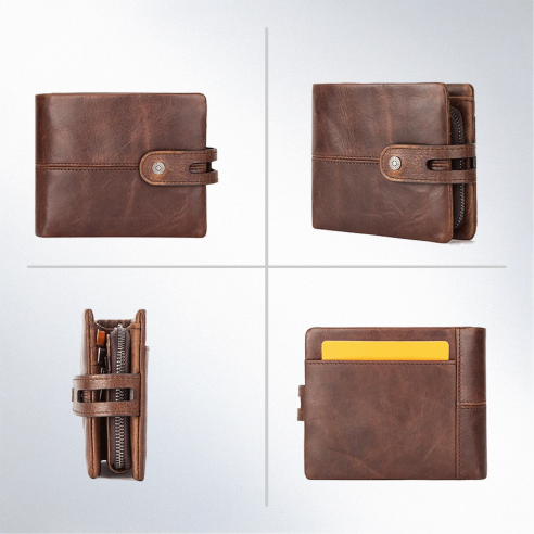 Crazy Horse Leather Wallet for Men | Short Bifold with Coin Pouch | Secure Snap & Card Slots.