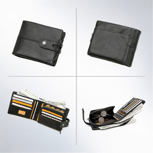 Crazy Horse Leather Wallet for Men | Short Bifold with Coin Pouch | Secure Snap & Card Slots.