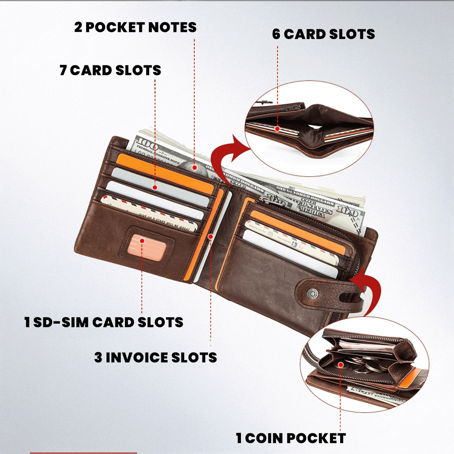 Crazy Horse Leather Wallet for Men | Short Bifold with Coin Pouch | Secure Snap & Card Slots.