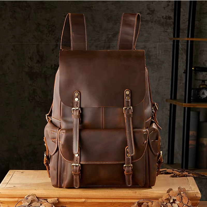 Vintage Crazy Horse Genuine Leather Backpack Men Bagpack Large Hiking Backpack 15.6"Inch Laptop Bag Male Rucksack Daypack