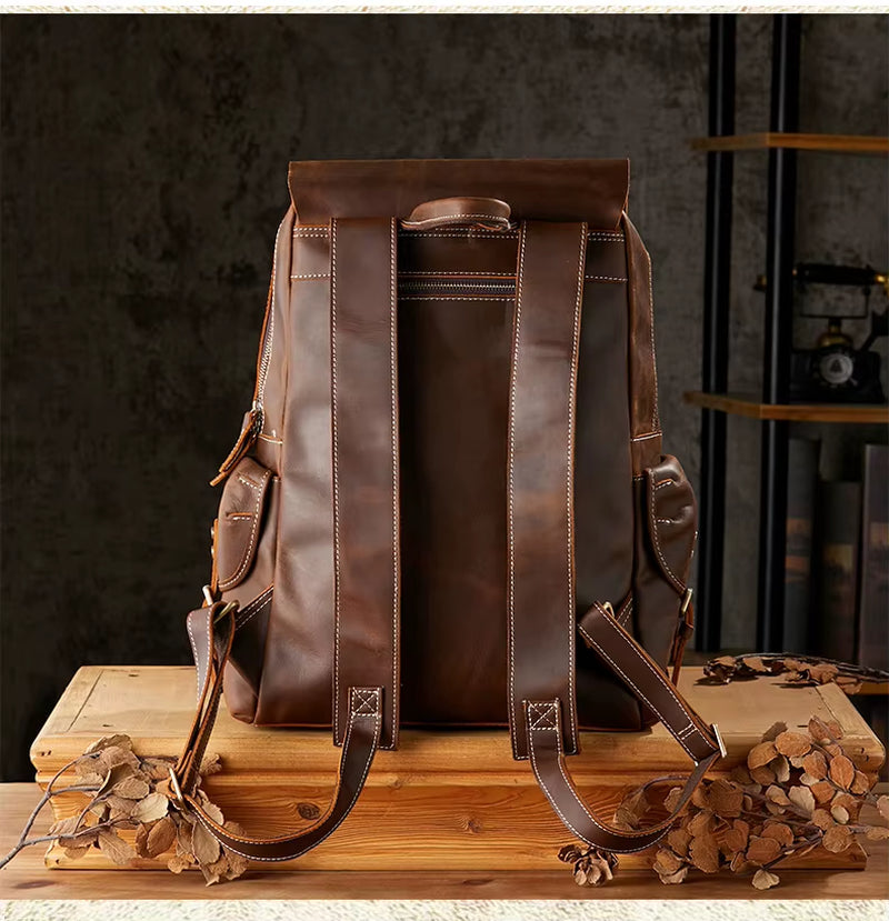 Vintage Crazy Horse Genuine Leather Backpack Men Bagpack Large Hiking Backpack 15.6"Inch Laptop Bag Male Rucksack Daypack